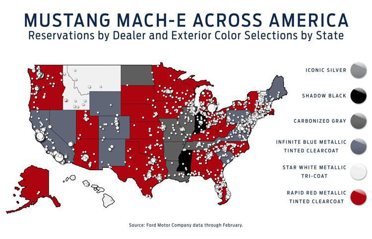 Bản đồ đại lý Ford ở Mỹ và dấu hiệu cho thấy Mach-E được đặt hàng tại tất cả các bang, với màu sắc được ưa chuộng. Ảnh: Ford